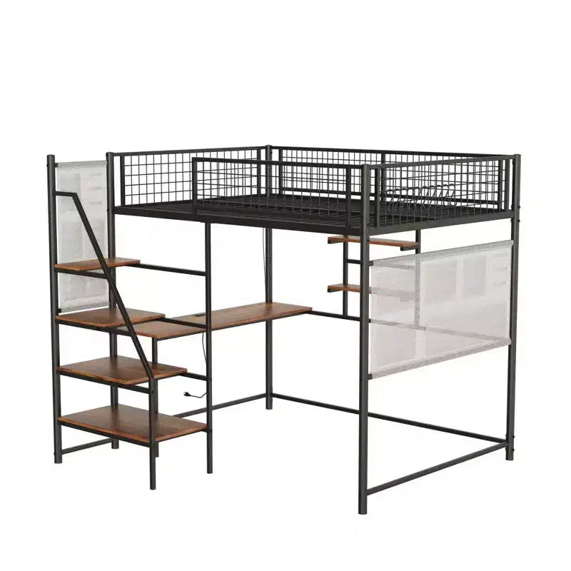 Cama alta Okak de tamaño completo con barandilla de seguridad, litera con escritorio, escaleras y estantes de almacenamiento, cama individual para niños y adultos