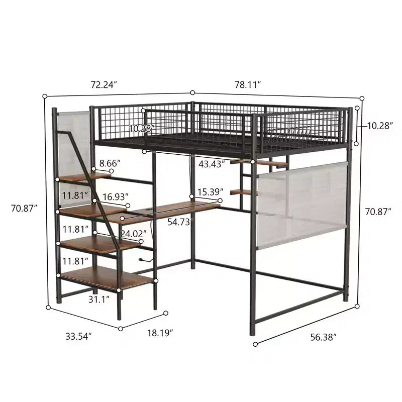 Cama alta Okak de tamaño completo con barandilla de seguridad, litera con escritorio, escaleras y estantes de almacenamiento, cama individual para niños y adultos