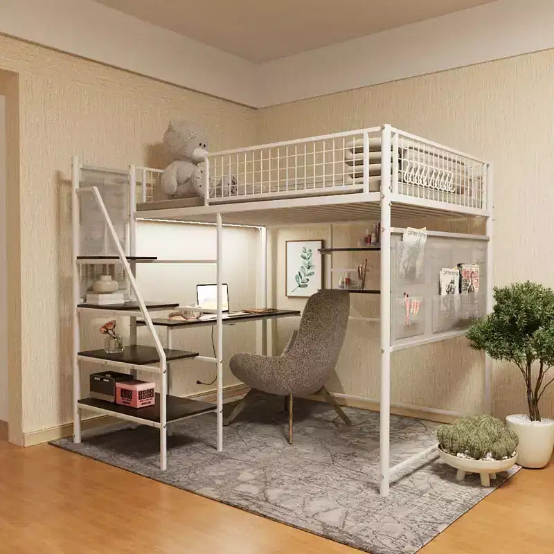 Cama alta Okak de tamaño completo con barandilla de seguridad, litera con escritorio, escaleras y estantes de almacenamiento, cama individual para niños y adultos