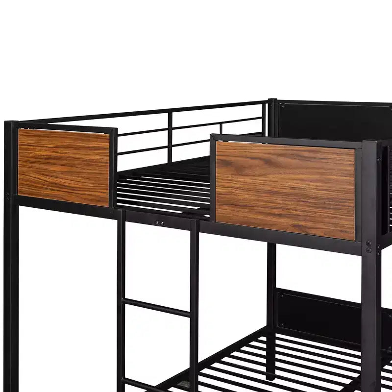Litera de metal de tamaño completo con vetas de madera, estructura de literas de metal con riel de seguridad para niños y adultos, marrón