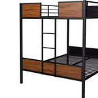 Litera de metal de tamaño completo con vetas de madera, estructura de literas de metal con riel de seguridad para niños y adultos, marrón