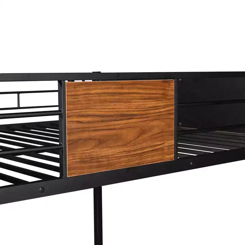 Litera de metal de tamaño completo con vetas de madera, estructura de literas de metal con riel de seguridad para niños y adultos, marrón