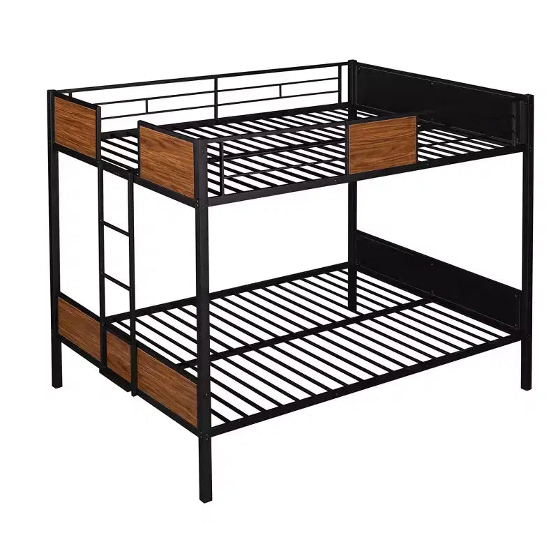 Litera de metal de tamaño completo con vetas de madera, estructura de literas de metal con riel de seguridad para niños y adultos, marrón