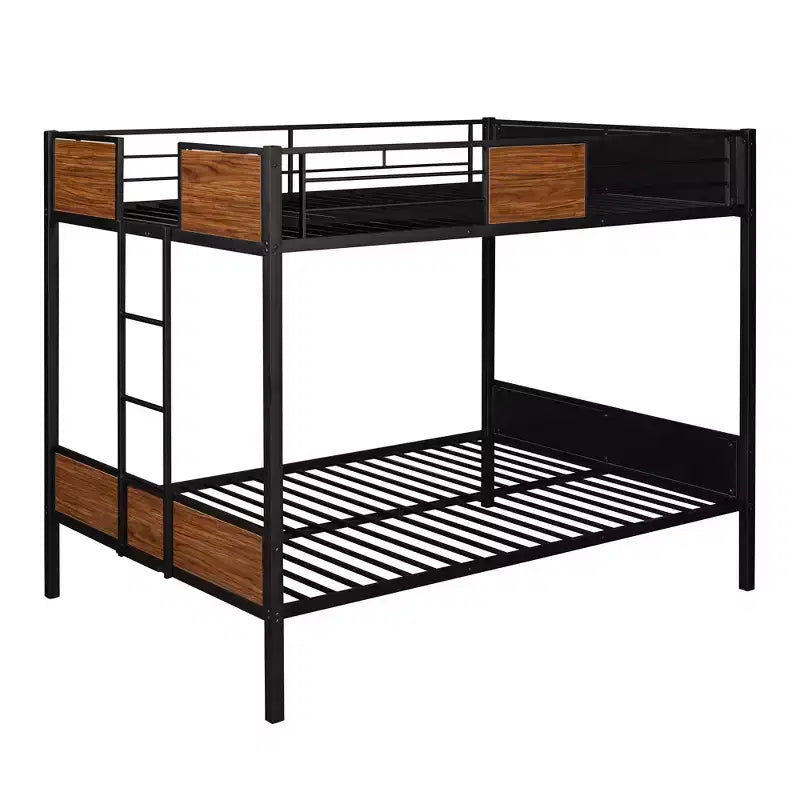 Litera de metal de tamaño completo con vetas de madera, estructura de literas de metal con riel de seguridad para niños y adultos, marrón