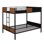 Litera de metal de tamaño completo con vetas de madera, estructura de literas de metal con riel de seguridad para niños y adultos, marrón