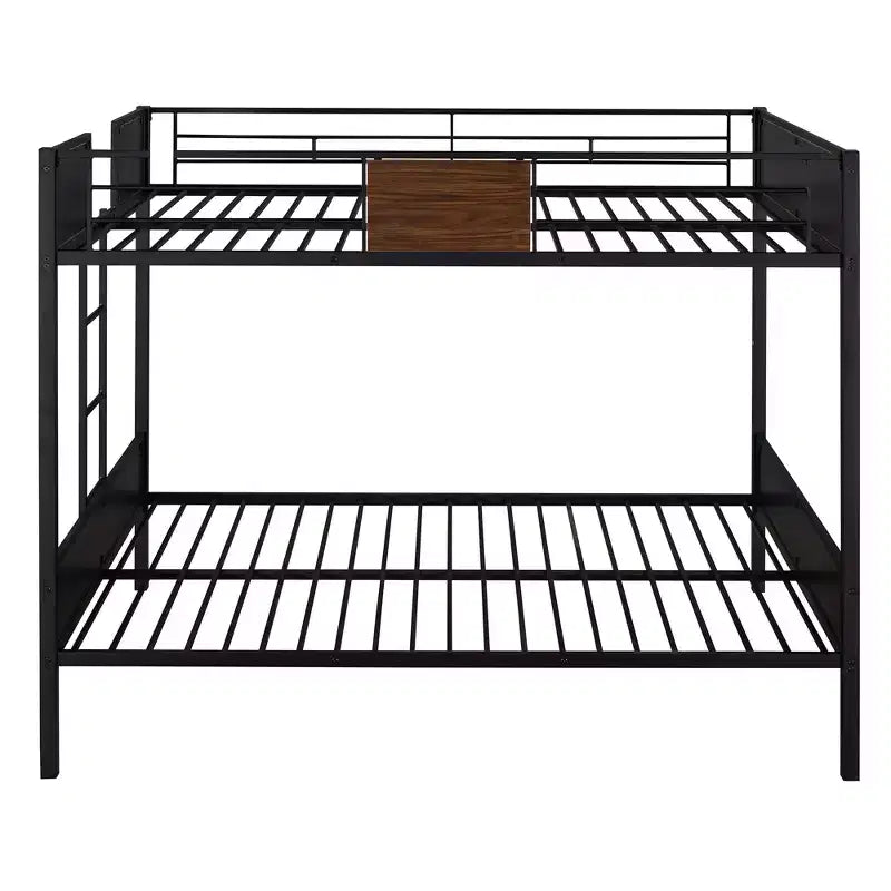Litera de metal de tamaño completo con vetas de madera, estructura de literas de metal con riel de seguridad para niños y adultos, marrón