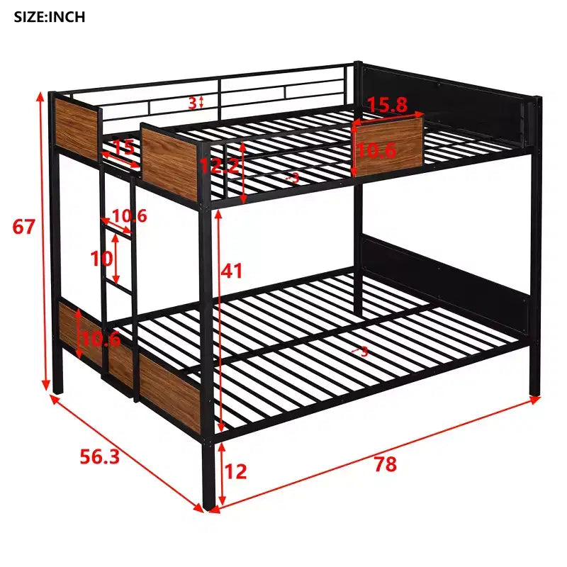 Litera de metal de tamaño completo con vetas de madera, estructura de literas de metal con riel de seguridad para niños y adultos, marrón
