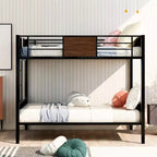 Litera de metal de tamaño completo con vetas de madera, estructura de literas de metal con riel de seguridad para niños y adultos, marrón