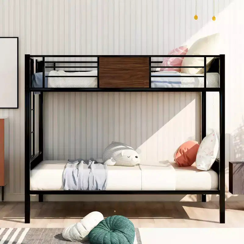 Litera de metal de tamaño completo con vetas de madera, estructura de literas de metal con riel de seguridad para niños y adultos, marrón