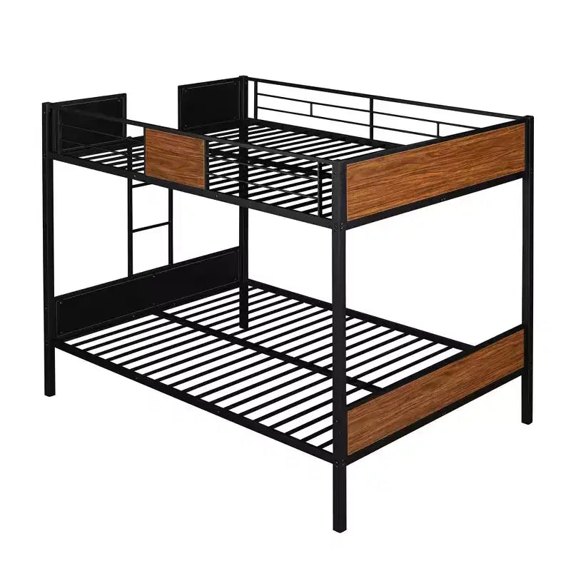 Litera de metal de tamaño completo con vetas de madera, estructura de literas de metal con riel de seguridad para niños y adultos, marrón