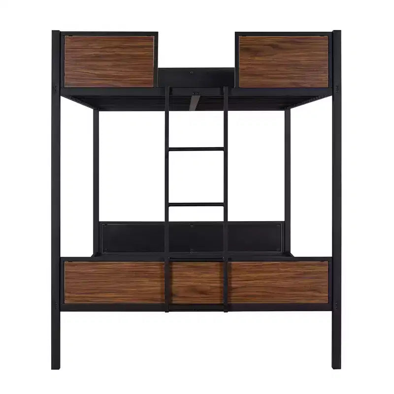 Litera de metal de tamaño completo con vetas de madera, estructura de literas de metal con riel de seguridad para niños y adultos, marrón