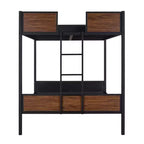 Litera de metal de tamaño completo con vetas de madera, estructura de literas de metal con riel de seguridad para niños y adultos, marrón