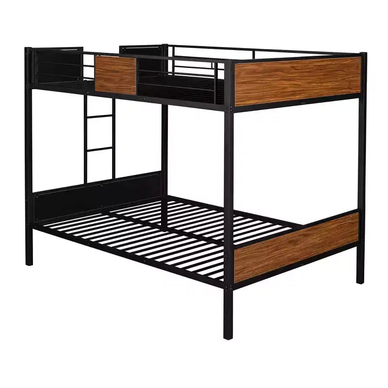 Litera de metal de tamaño completo con vetas de madera, estructura de literas de metal con riel de seguridad para niños y adultos, marrón