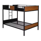 Litera de metal de tamaño completo con vetas de madera, estructura de literas de metal con riel de seguridad para niños y adultos, marrón