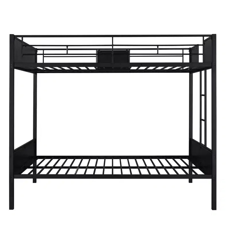 Litera de metal de tamaño completo con vetas de madera, estructura de literas de metal con riel de seguridad para niños y adultos, marrón