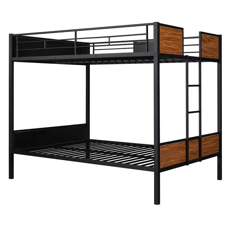 Litera de metal de tamaño completo con vetas de madera, estructura de literas de metal con riel de seguridad para niños y adultos, marrón