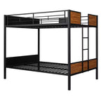 Litera de metal de tamaño completo con vetas de madera, estructura de literas de metal con riel de seguridad para niños y adultos, marrón