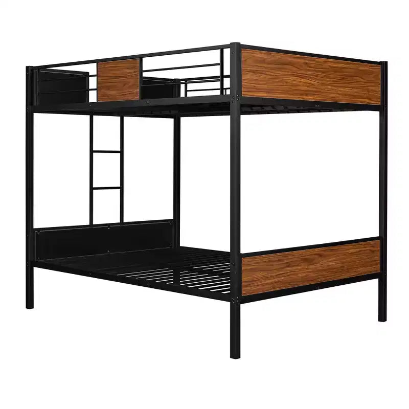 Litera de metal de tamaño completo con vetas de madera, estructura de literas de metal con riel de seguridad para niños y adultos, marrón
