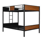 Litera de metal de tamaño completo con vetas de madera, estructura de literas de metal con riel de seguridad para niños y adultos, marrón