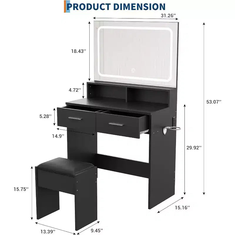 Tocador moderno con espejo LED ajustable de 3 colores, escritorio de maquillaje con toma de corriente y 2 cajones, juego de tocador y taburete para dormitorio