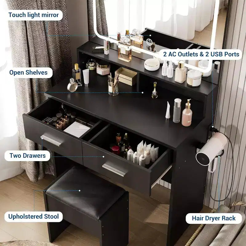 Tocador moderno con espejo LED ajustable de 3 colores, escritorio de maquillaje con toma de corriente y 2 cajones, juego de tocador y taburete para dormitorio