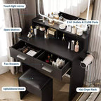 Tocador moderno con espejo LED ajustable de 3 colores, escritorio de maquillaje con toma de corriente y 2 cajones, juego de tocador y taburete para dormitorio