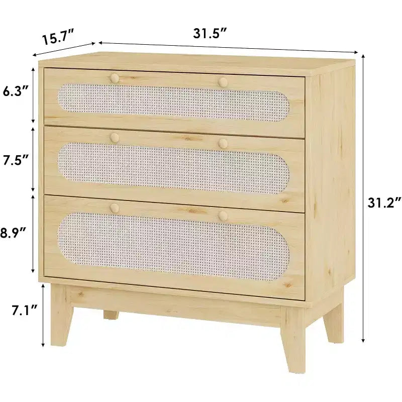 Cómoda de ratán de 3 cajones COZONY, armario de almacenamiento moderno de madera con diseño antivuelco, organizador de cómoda de dormitorio 2 piezas con 2 cajas de envío