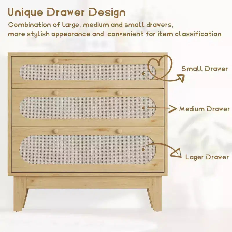 Cómoda de ratán de 3 cajones COZONY, armario de almacenamiento moderno de madera con diseño antivuelco, organizador de cómoda de dormitorio 2 piezas con 2 cajas de envío