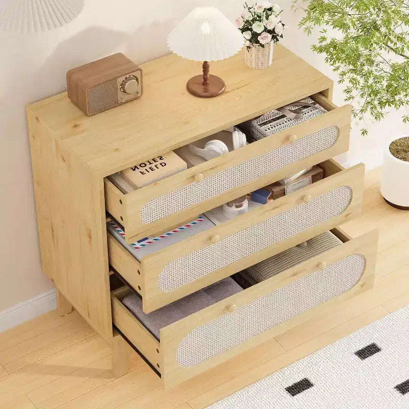 Cómoda de ratán de 3 cajones COZONY, armario de almacenamiento moderno de madera con diseño antivuelco, organizador de cómoda de dormitorio 2 piezas con 2 cajas de envío