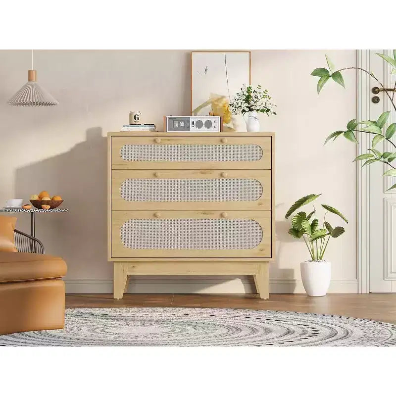 Cómoda de ratán de 3 cajones COZONY, armario de almacenamiento moderno de madera con diseño antivuelco, organizador de cómoda de dormitorio 2 piezas con 2 cajas de envío