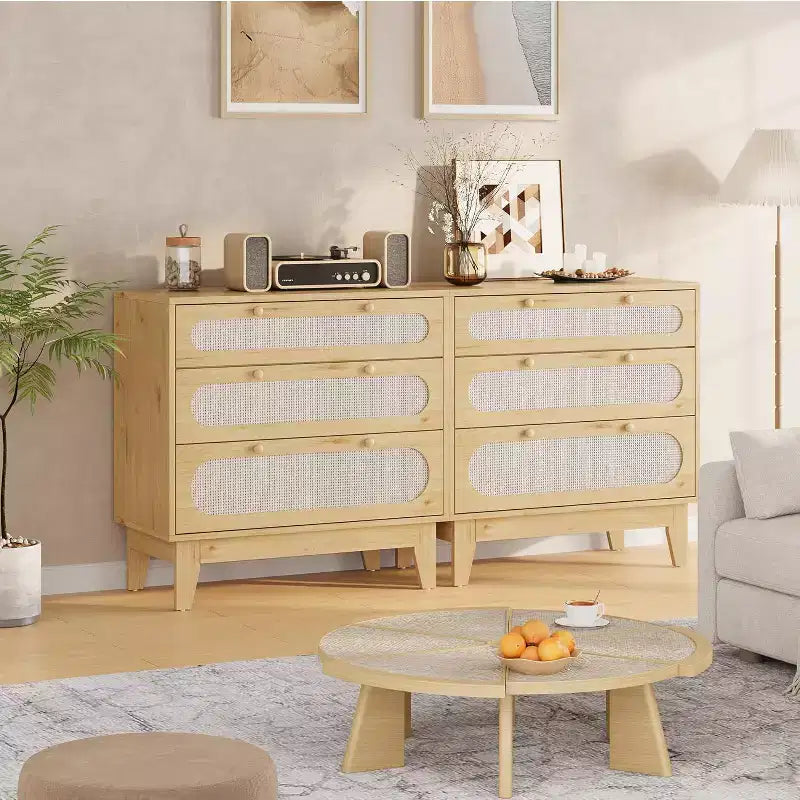 Cómoda de ratán de 3 cajones COZONY, armario de almacenamiento moderno de madera con diseño antivuelco, organizador de cómoda de dormitorio 2 piezas con 2 cajas de envío