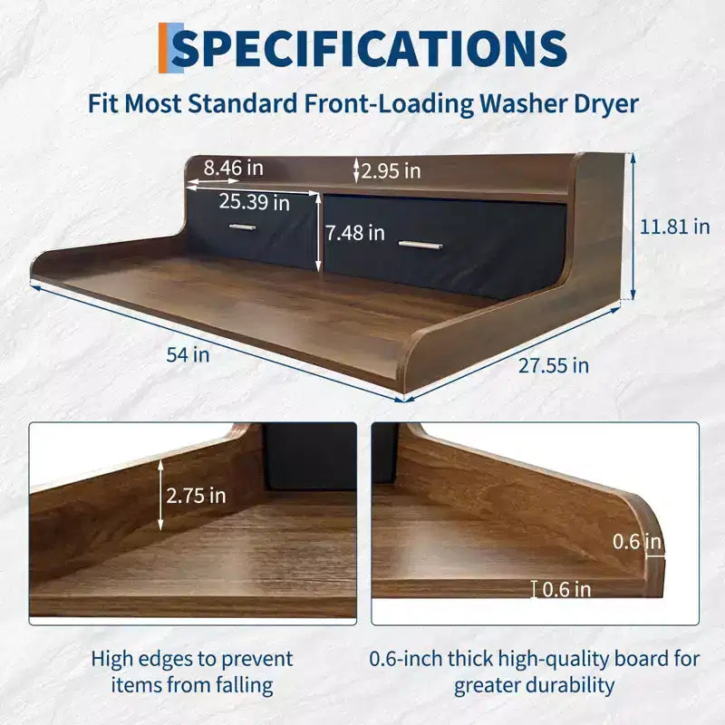 Encimera de lavandería, encimera para lavadora y secadora de 2 niveles con 2 cajones - Barandillas de 2.75'' de borde, madera impermeable, almohadillas antideslizantes (54''Ancho 27.55''Profundidad)