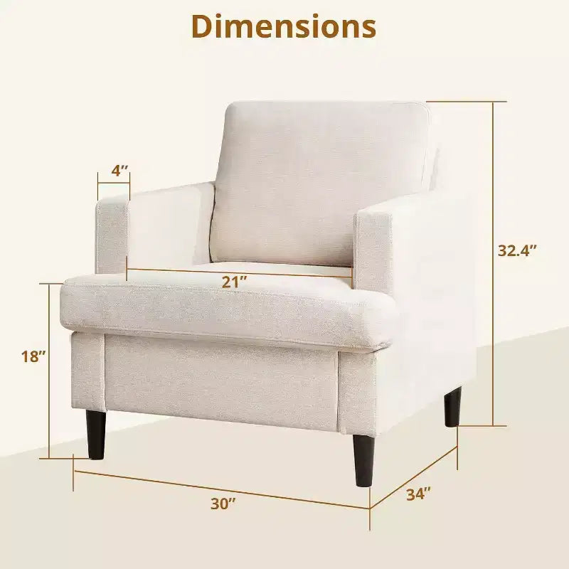 Sillón de tela de lino tapizado cómodo estilo moderno de mediados de siglo con cojín grueso y patas, asiento profundo y sin necesidad de montaje, para sala de estar, dormitorio