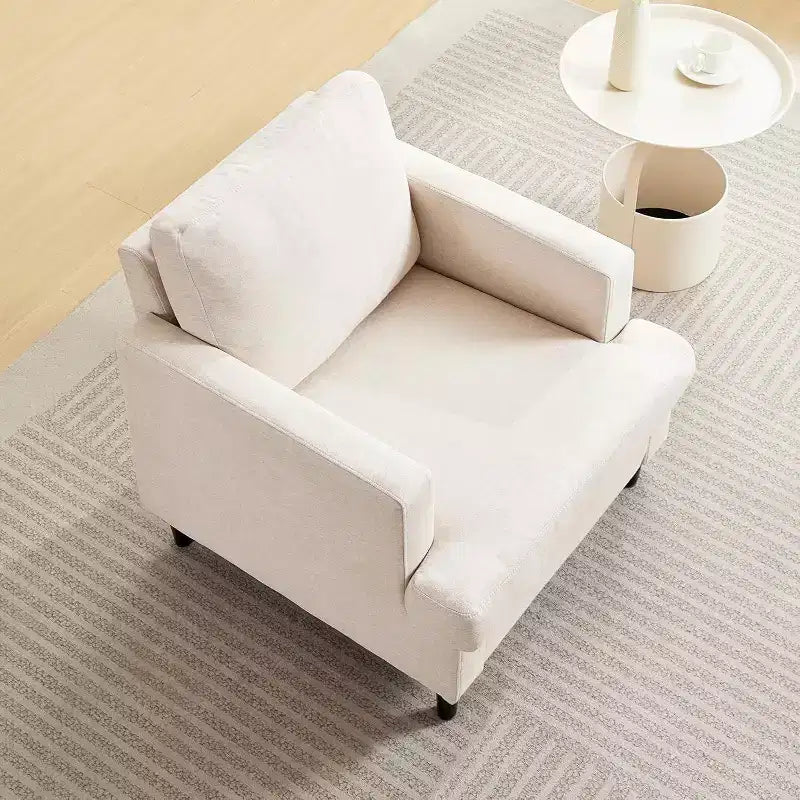 Sillón de tela de lino tapizado cómodo estilo moderno de mediados de siglo con cojín grueso y patas, asiento profundo y sin necesidad de montaje, para sala de estar, dormitorio