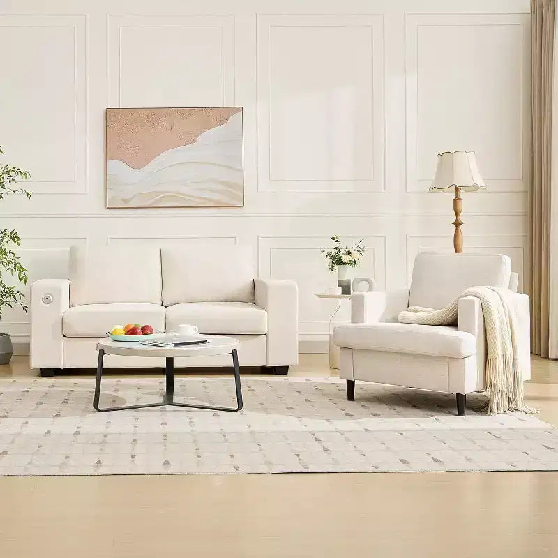 Sillón de tela de lino tapizado cómodo estilo moderno de mediados de siglo con cojín grueso y patas, asiento profundo y sin necesidad de montaje, para sala de estar, dormitorio