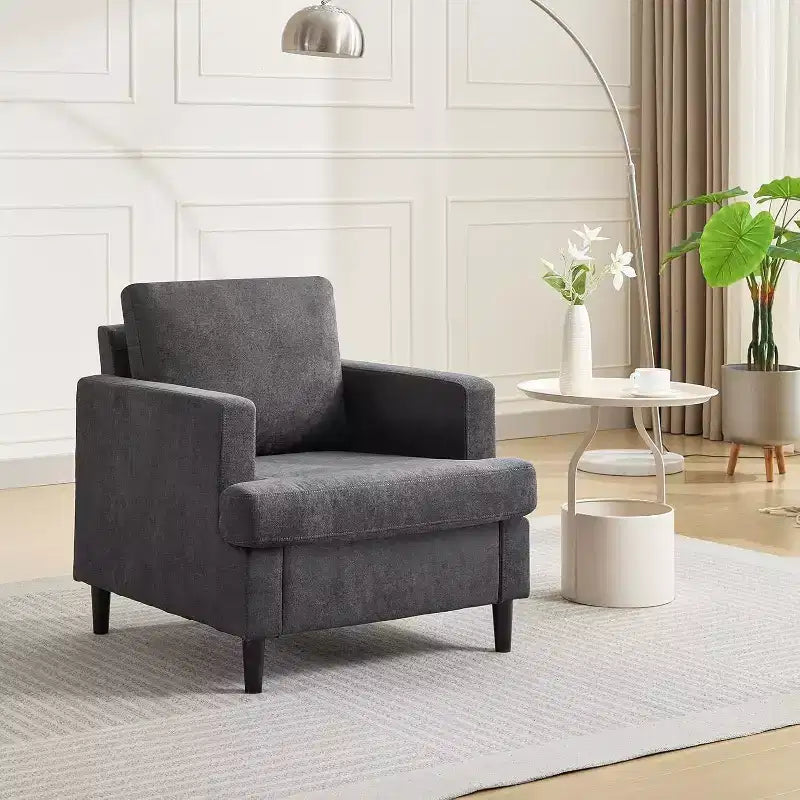 Sillón de tela de lino tapizado cómodo estilo moderno de mediados de siglo con cojín grueso y patas, asiento profundo y sin necesidad de montaje, para sala de estar, dormitorio