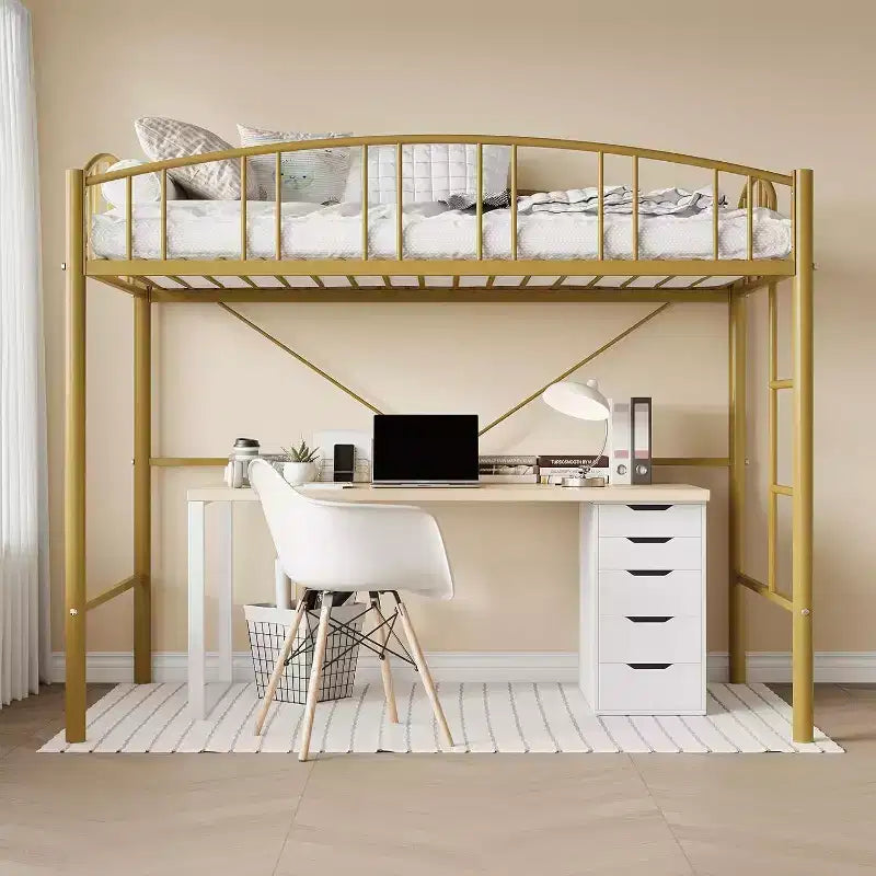 Cama alta doble Acekool con escaleras, barandilla arqueada, estructura de metal, ahorra espacio, silenciosa, dorada
