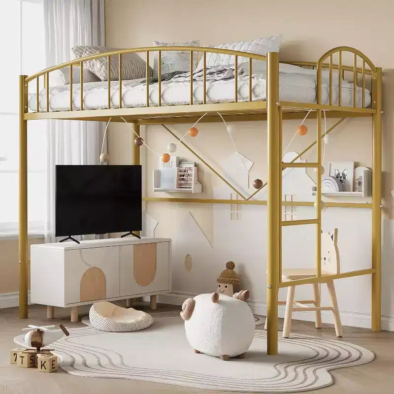 Cama alta doble Acekool con escaleras, barandilla arqueada, estructura de metal, ahorra espacio, silenciosa, dorada