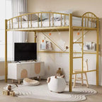 Cama alta doble Acekool con escaleras, barandilla arqueada, estructura de metal, ahorra espacio, silenciosa, dorada