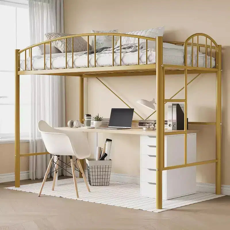 Cama alta doble Acekool con escaleras, barandilla arqueada, estructura de metal, ahorra espacio, silenciosa, dorada