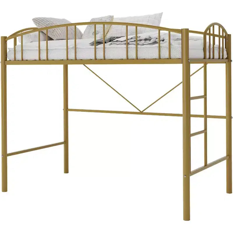 Cama alta doble Acekool con escaleras, barandilla arqueada, estructura de metal, ahorra espacio, silenciosa, dorada