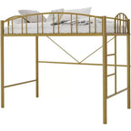Cama alta doble Acekool con escaleras, barandilla arqueada, estructura de metal, ahorra espacio, silenciosa, dorada