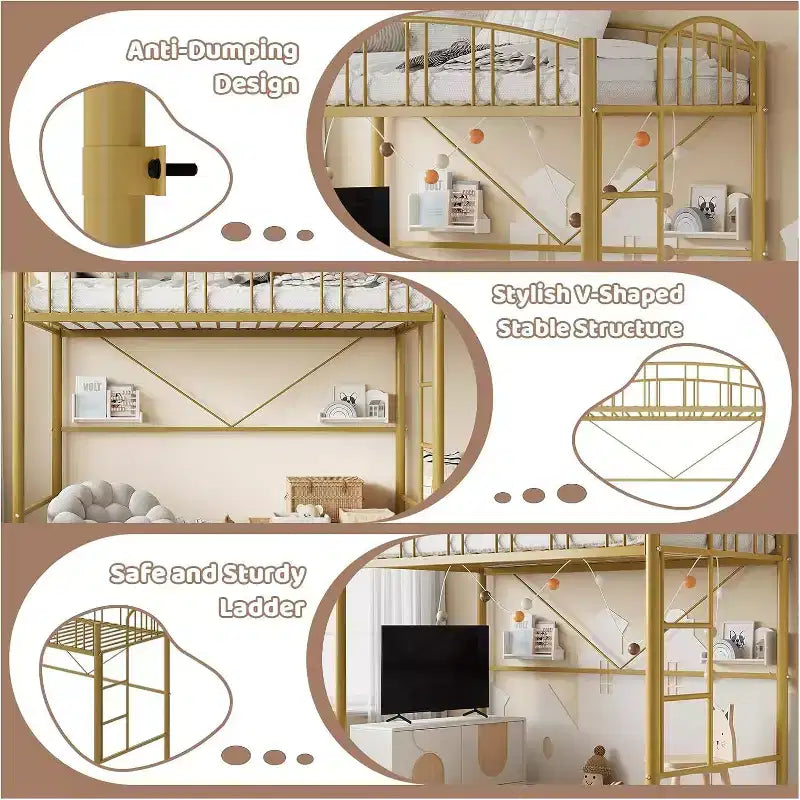 Cama alta doble Acekool con escaleras, barandilla arqueada, estructura de metal, ahorra espacio, silenciosa, dorada