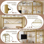 Cama alta doble Acekool con escaleras, barandilla arqueada, estructura de metal, ahorra espacio, silenciosa, dorada
