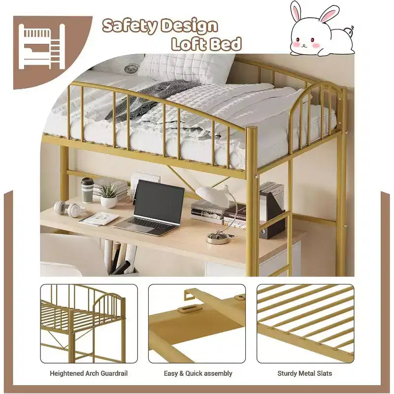 Cama alta doble Acekool con escaleras, barandilla arqueada, estructura de metal, ahorra espacio, silenciosa, dorada