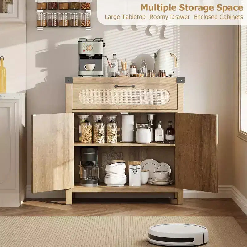 29.9'' Armario Buffet Pequeño de Ratán con Almacenamiento, Mueble para Barra de Café de Cocina con Puertas y Cajón, Aparador con Estantes Ajustables y Manija