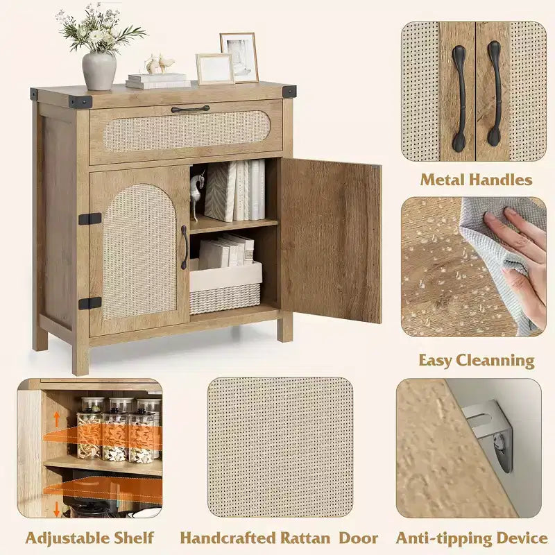 29.9'' Armario Buffet Pequeño de Ratán con Almacenamiento, Mueble para Barra de Café de Cocina con Puertas y Cajón, Aparador con Estantes Ajustables y Manija