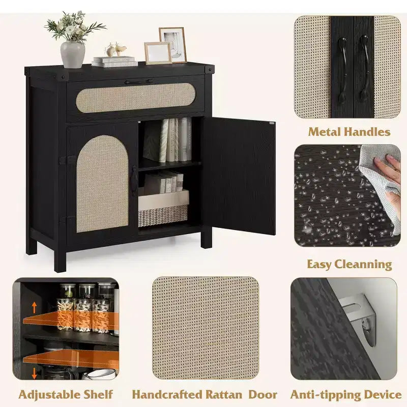 29.9'' Armario Buffet Pequeño de Ratán con Almacenamiento, Mueble para Barra de Café de Cocina con Puertas y Cajón, Aparador con Estantes Ajustables y Manija