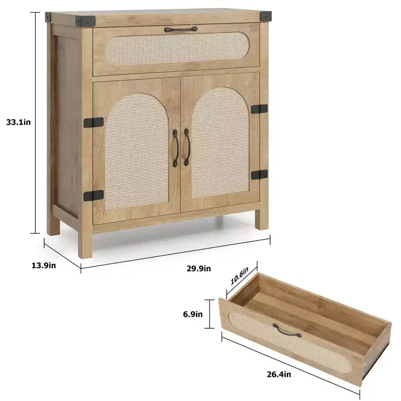 29.9'' Armario Buffet Pequeño de Ratán con Almacenamiento, Mueble para Barra de Café de Cocina con Puertas y Cajón, Aparador con Estantes Ajustables y Manija