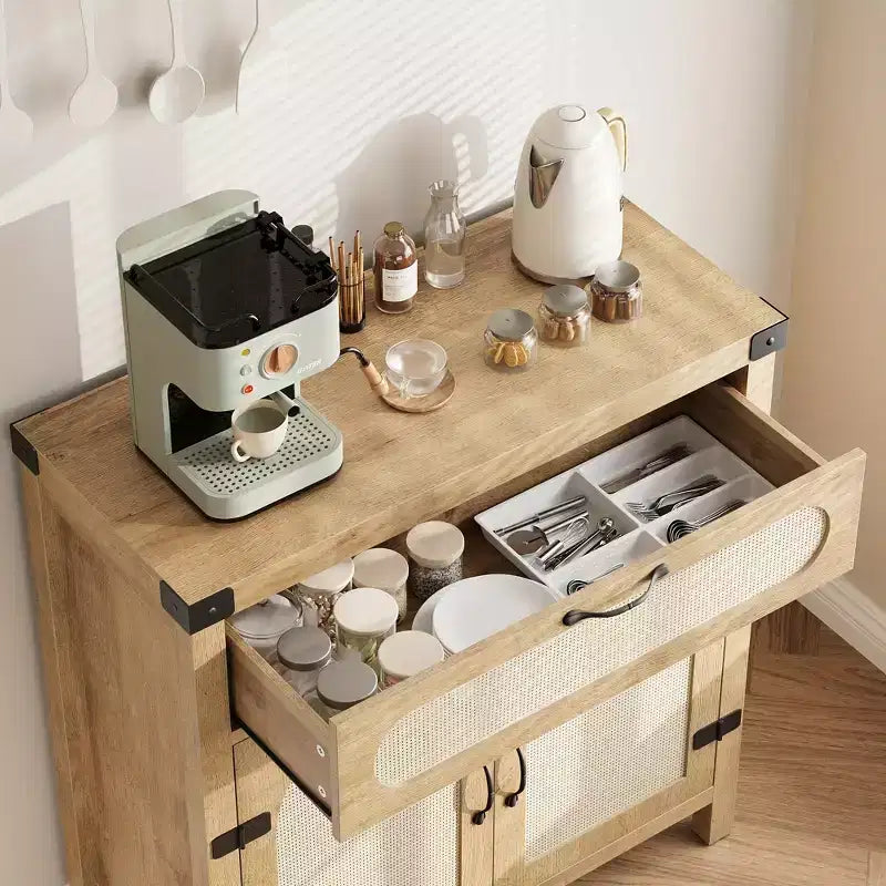 29.9'' Armario Buffet Pequeño de Ratán con Almacenamiento, Mueble para Barra de Café de Cocina con Puertas y Cajón, Aparador con Estantes Ajustables y Manija